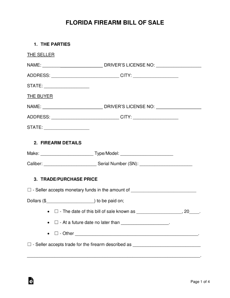 firearm bill of sale florida Free Florida Firearm Bill of Sale Form - Word | PDF | eForms ...