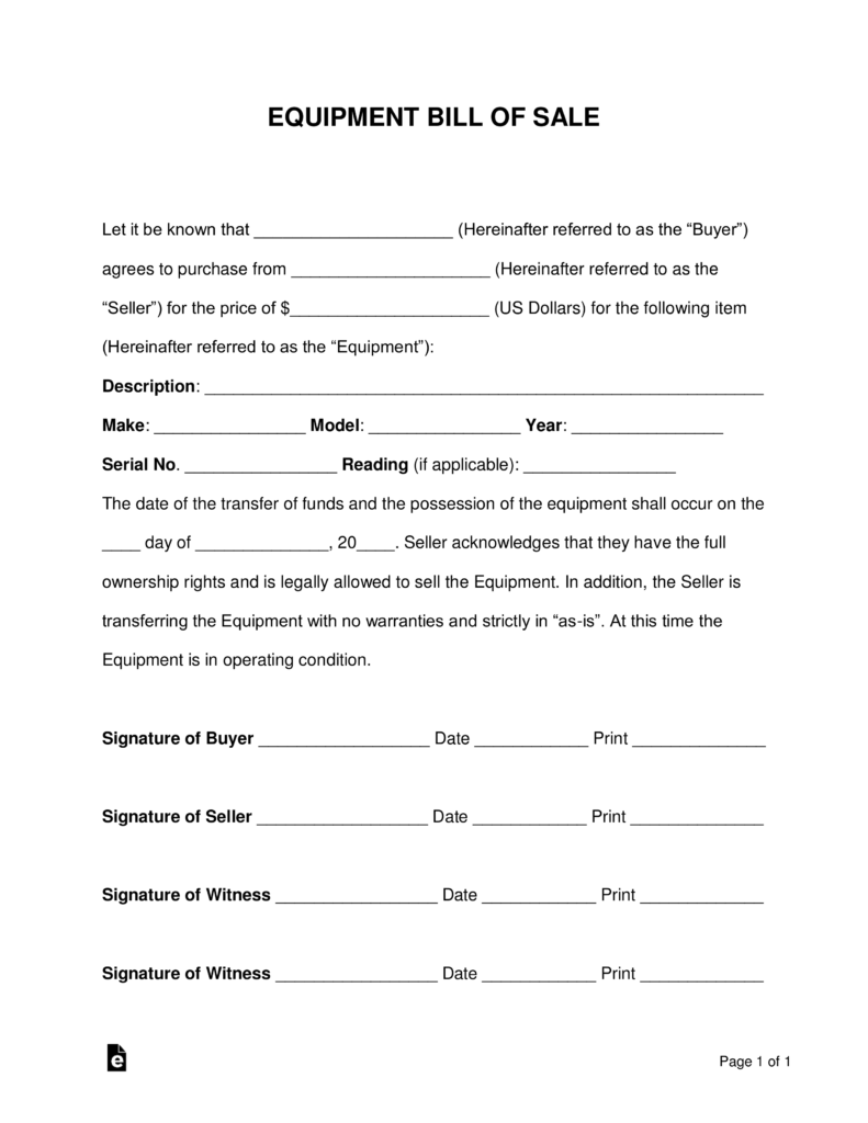 bill of sale equipment Free Equipment Bill of Sale Form - Word | PDF | eForms – Free ...