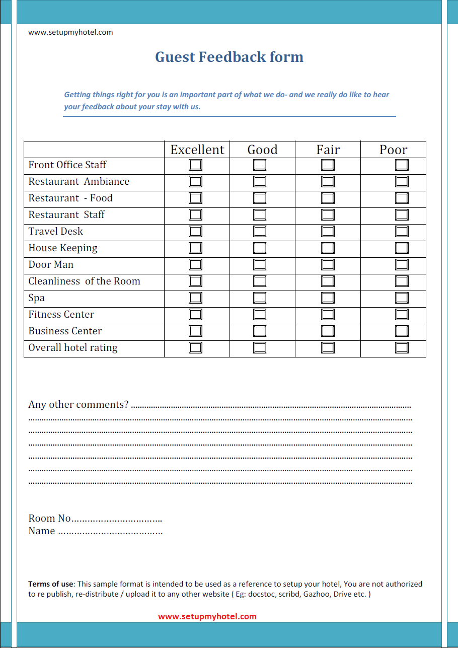 hotel comment card template Front Desk - Guest Feedback Format Sample