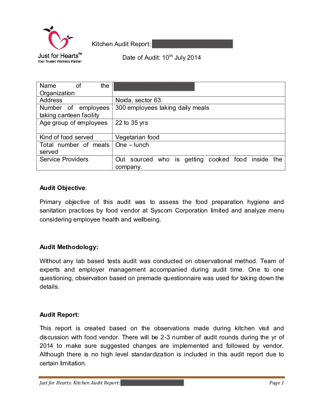 audit report sample Just for Hearts - Kitchen audit report ( Sample Draft )