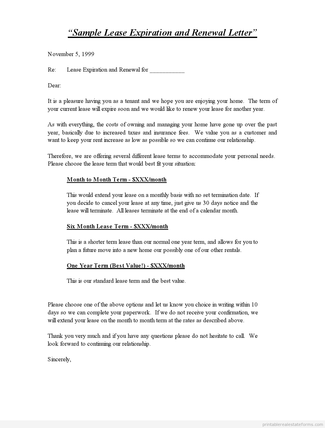 lease renewal reminder letter Printable sample lease expiration and renewal letter standard 2 ...