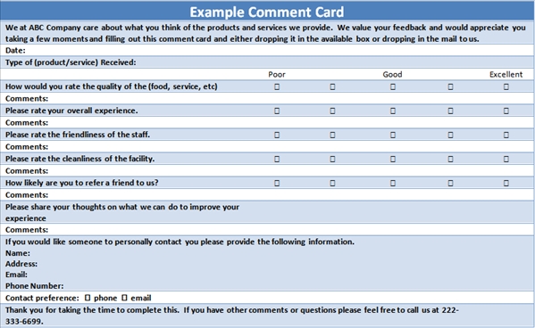 hotel comment card template Comment Card template