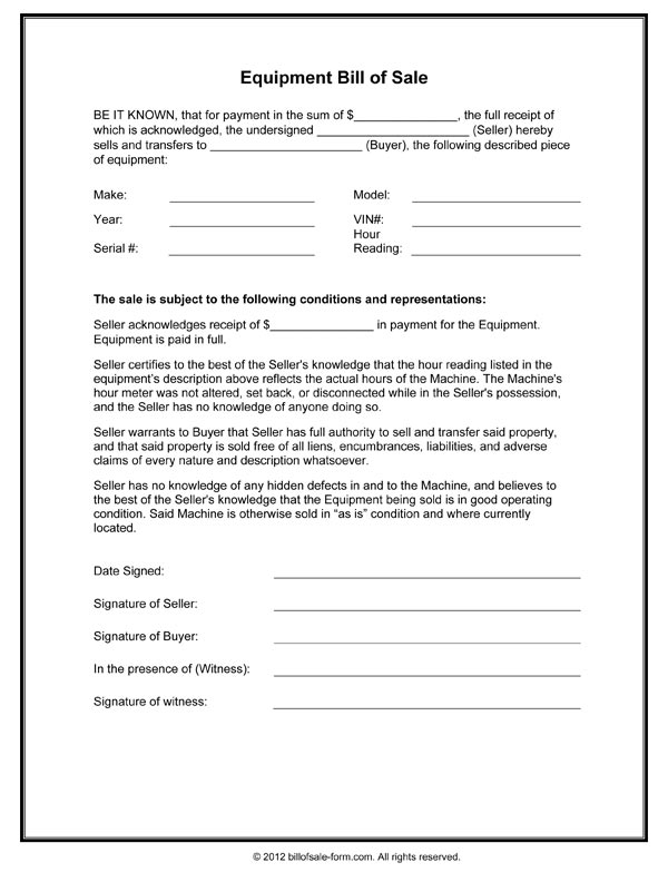 bill of sale equipment Equipment Bill Of Sale Form in Word and PDF