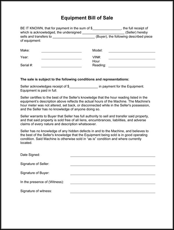 bill of sale equipment Equipment Bill Of Sale Form