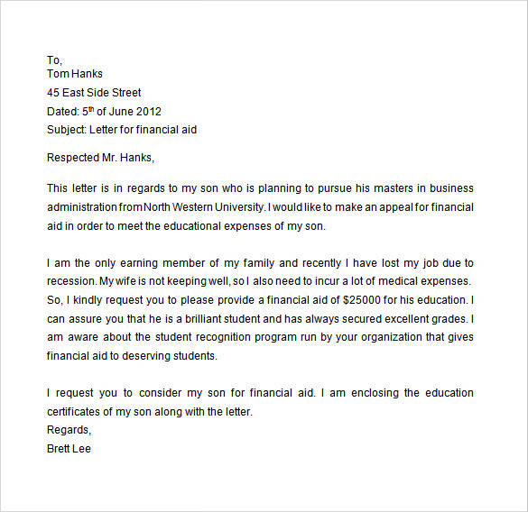 financial aid appeal letter sample 8  Financial Aid Appeal Letters – DOC, PDF | Sample Templates