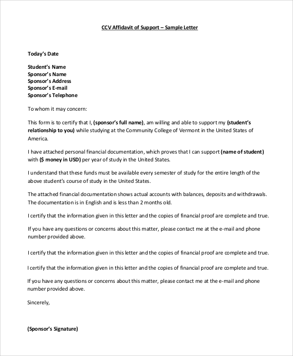 child support affidavit sample Sample Affidavit of Support - 8  Examples in PDF