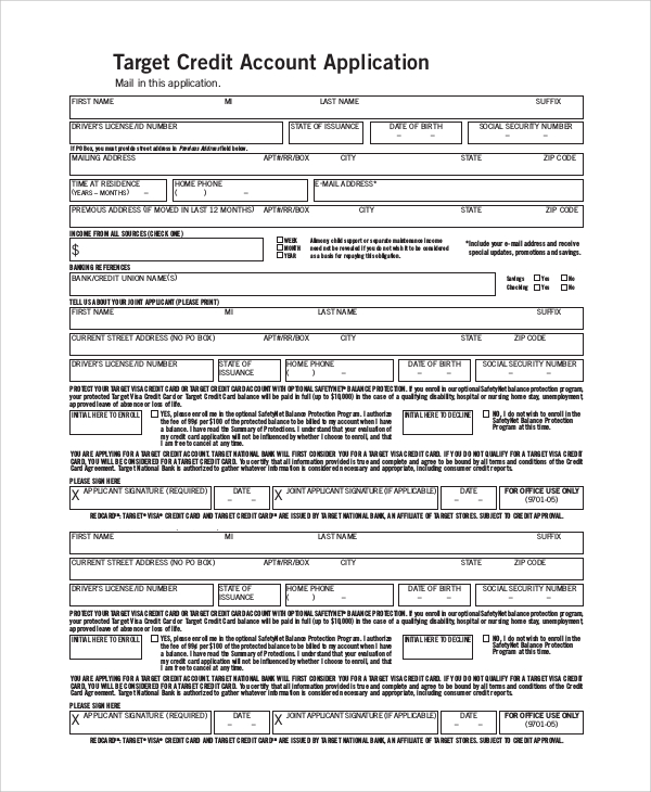 sample credit card application Sample Target Application Form - 7  Examples in PDF