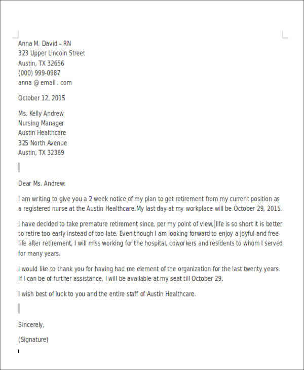 sample retirement resignation letter 7  Sample Retirement Resignation Letters – PDF, Word, Apple Pages ...