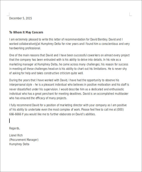letter of recommendation coworker 6  Coworker Recommendation Letter Samples, Examples, Templates ...