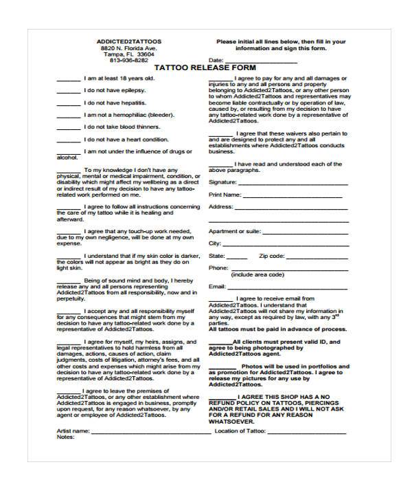 tattoo release form pdf Sample Tattoo Release Forms - 8  Free Documents in Word, PDF