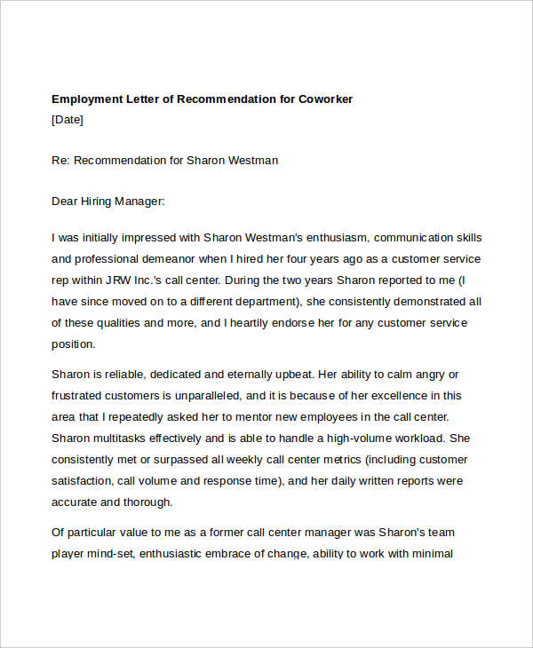 letter of recommendation coworker 11  Coworker Recommendation Letter Templates - PDF, DOC | Free ...