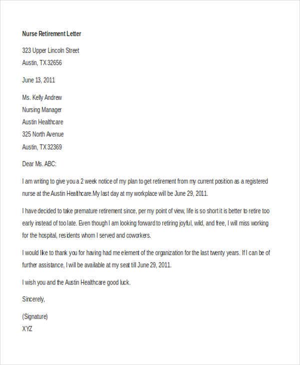 sample retirement resignation letter 9  Retirement Resignation Letter Template - Free Word, PDF Format ...