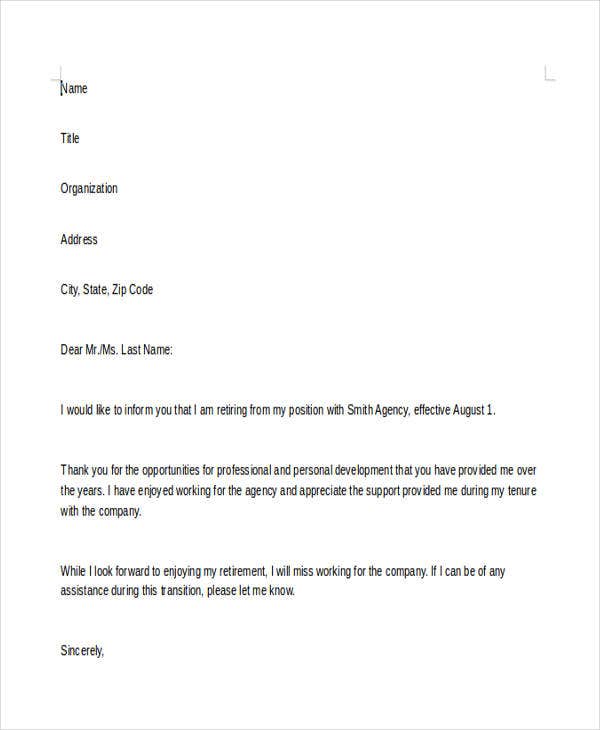 sample retirement resignation letter 7  Sample Retirement Resignation Letters - Free Sample, Example ...