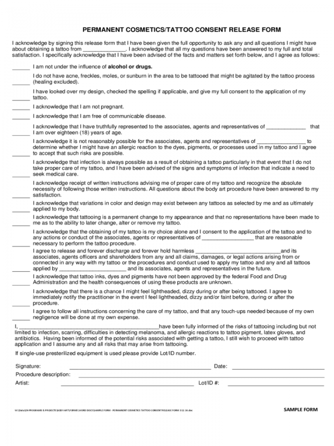 tattoo release form pdf Tattoo Release Form 2 Free Templates In Pdf Word Excel Download ...