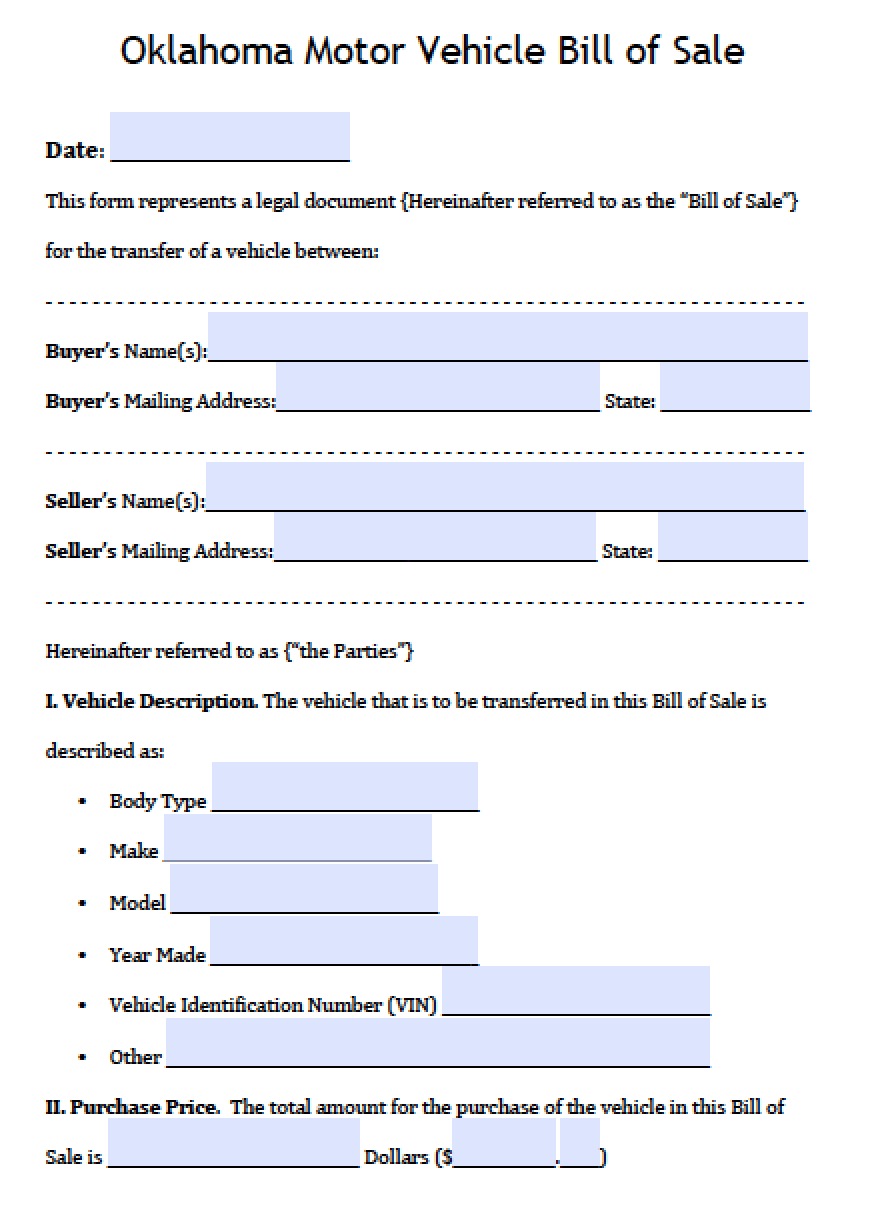 oklahoma vehicle bill of sale Free Oklahoma DPS Motor Vehicle Bill of Sale Form | PDF | Word (.doc)